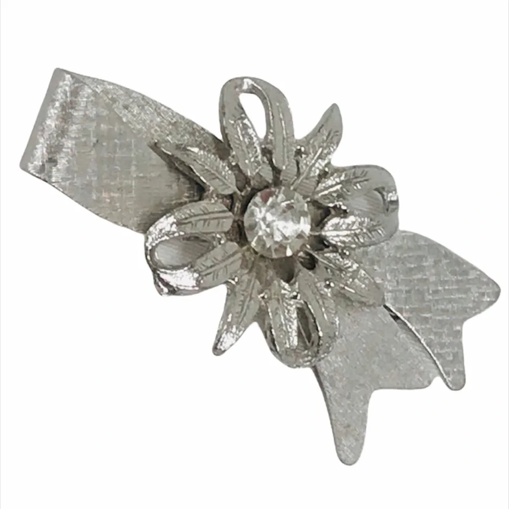 Ribbon with Flower and Rhinestone Hair Clip, Silver Tone